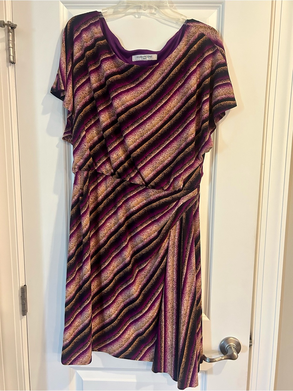 Evan Picone Purple, Black & Cream Wave-Print Midi Dress